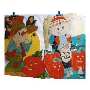 Vintage Scarecrow Pumpkin Black Cat Die Cut 2Sided 2 Pieces